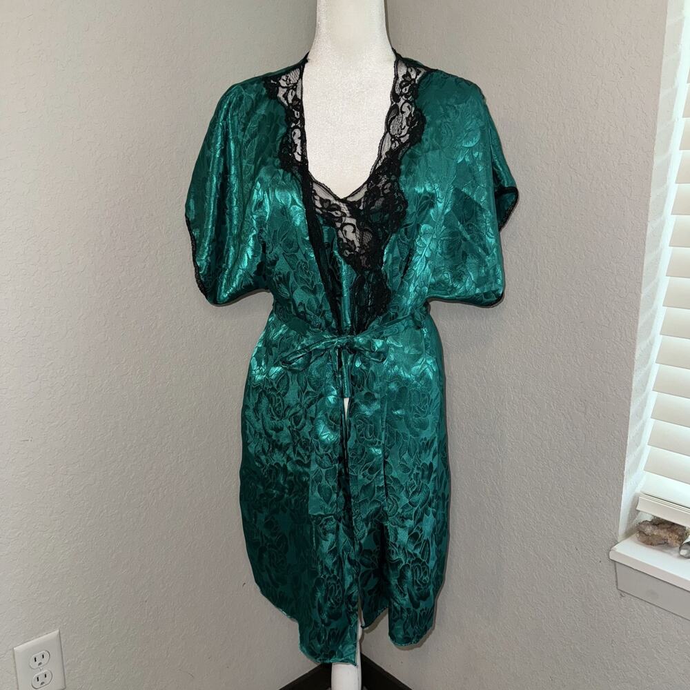 Vintage Saucy's Robe & Cami Top Set Women's Medium Green Satin Floral Lace Trim